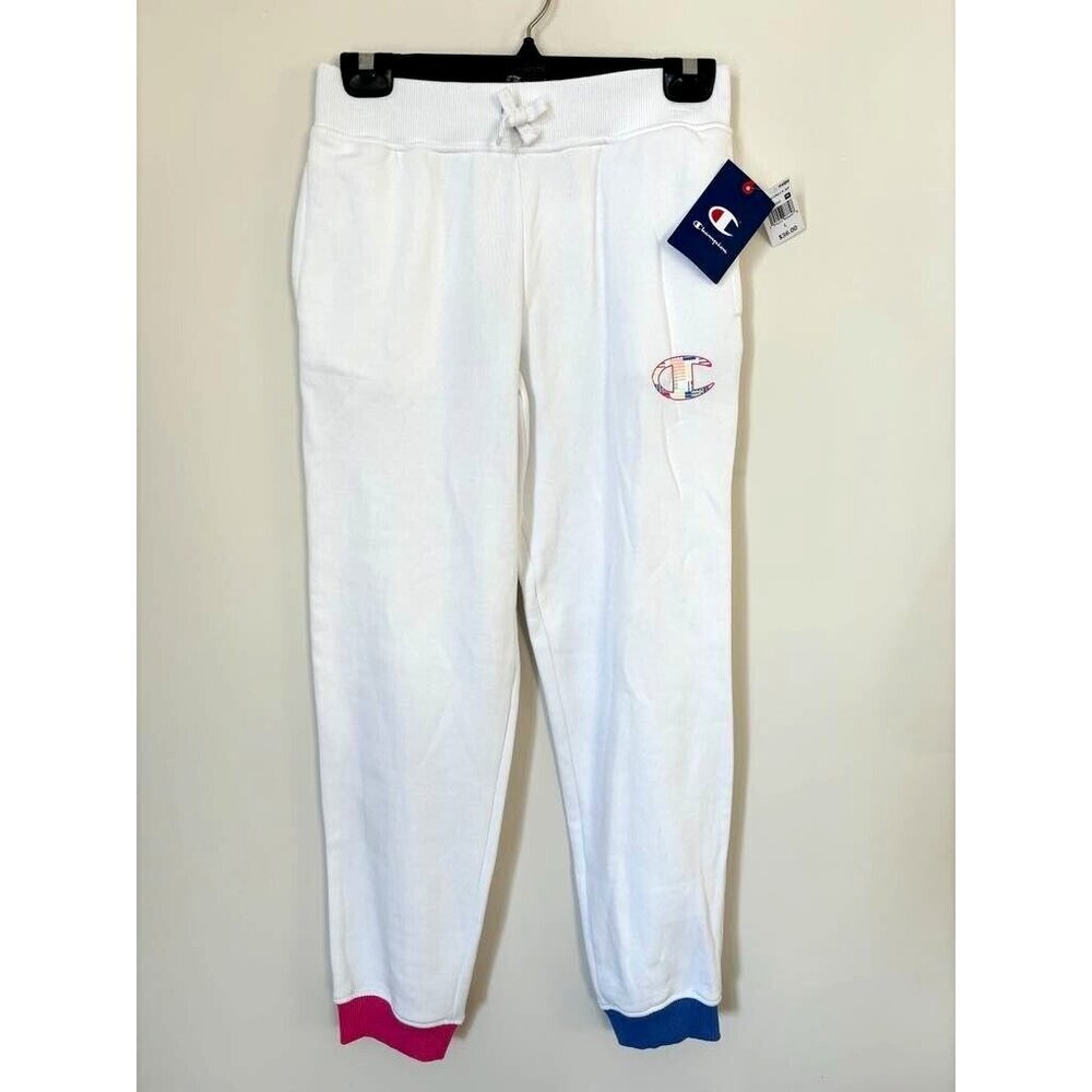 NWT CHAMPION Sweatpants Girls Size Large White Fleece Pink Blue Cuffs Cozy